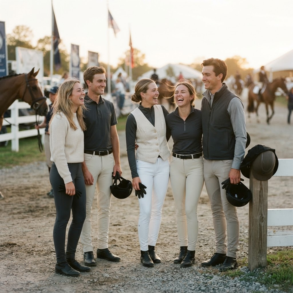 Equestrian friends together at the in-gate wearing Double Clear