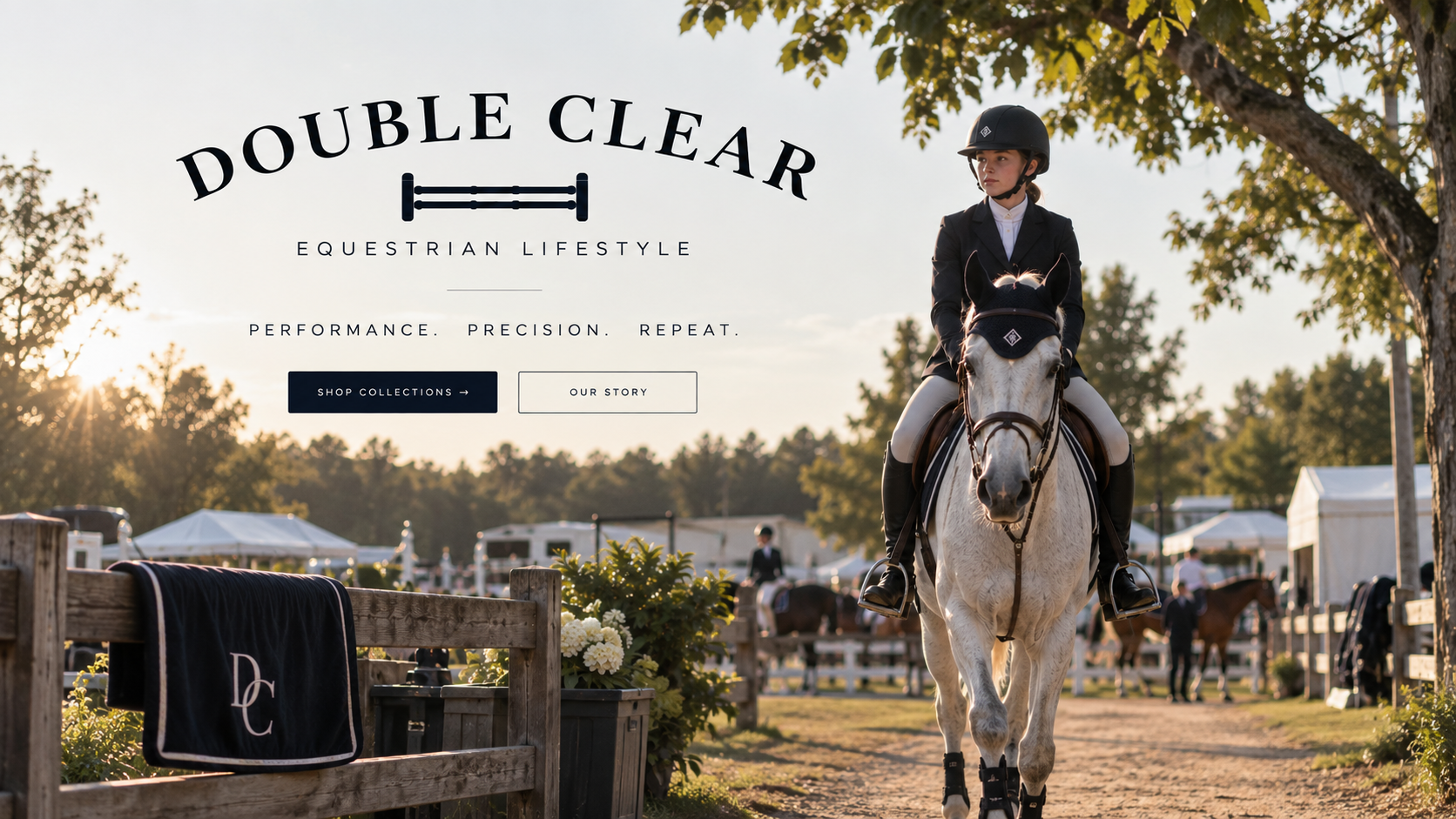 A rider on a grey horse walking through a sunlit horse show grounds, with a navy Double Clear saddle pad draped over a wooden fence